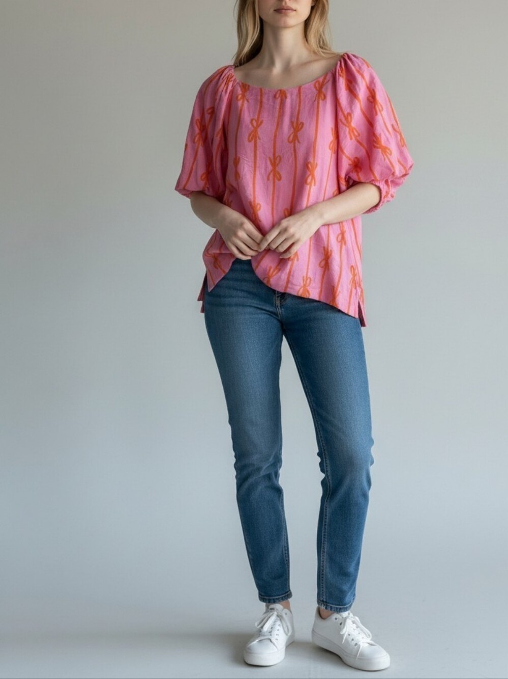 Umgee Bow Stripe Blouse Womens L Pink Orange Puff Sleeve Babydoll Barbiecore